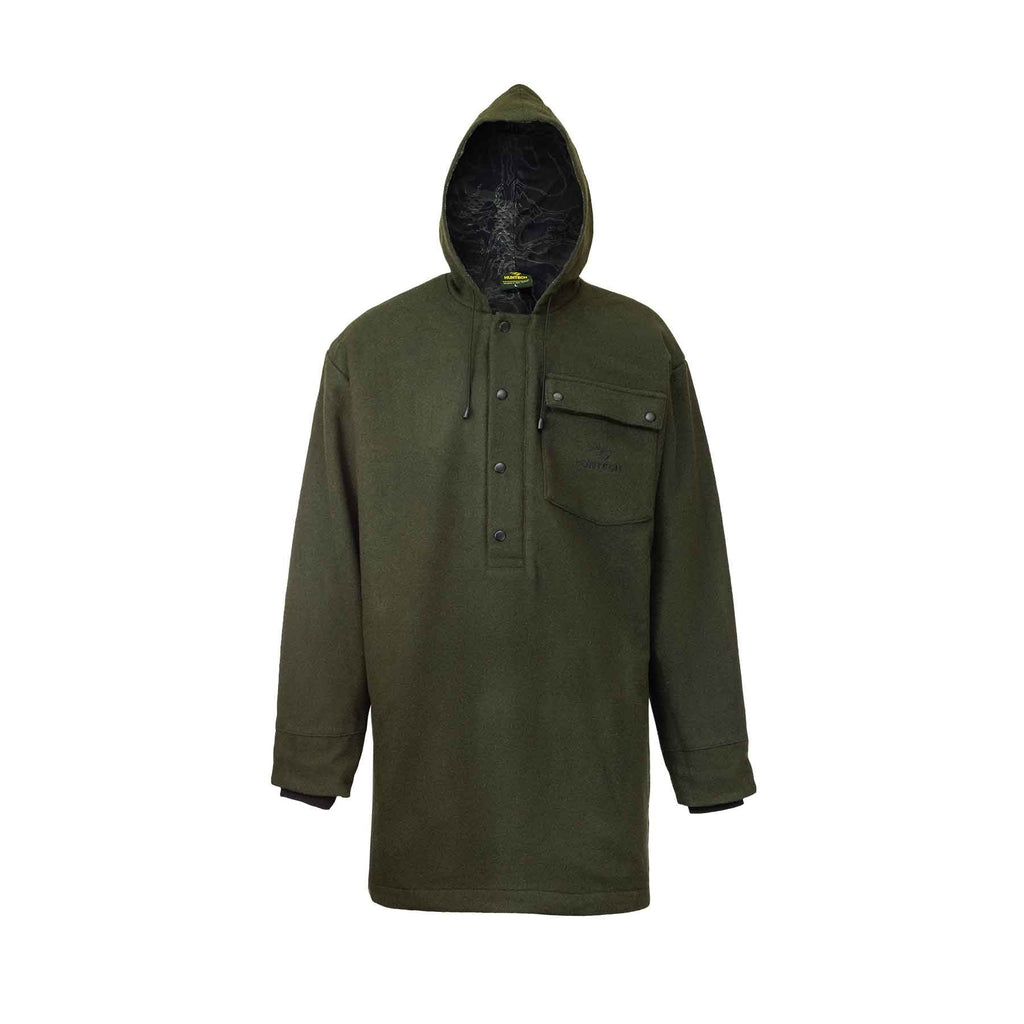 Front view of men’s hooded long line jacket in premium wool with dome neck closure, double cuffs, and domed chest pocket on the left hand side which features a tone on tone Huntech logo. Shown here in military green with a camo print lining, the hood is up showing the drawstring. on the front edge. This item ships from Australia.