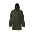 Front view of men’s hooded long line jacket in premium wool with dome neck closure, double cuffs, and domed chest pocket on the left hand side which features a tone on tone Huntech logo. Shown here in military green with a camo print lining, the hood is up showing the drawstring. on the front edge. This item ships from Australia.