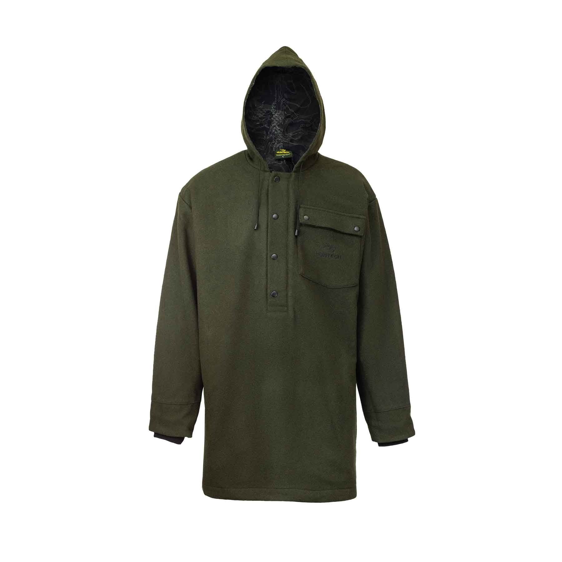 Front view of men’s hooded long line jacket in premium wool with dome neck closure, double cuffs, and domed chest pocket on the left hand side which features a tone on tone Huntech logo. Shown here in military green with a camo print lining, the hood is up showing the drawstring. on the front edge. This item ships from Australia.