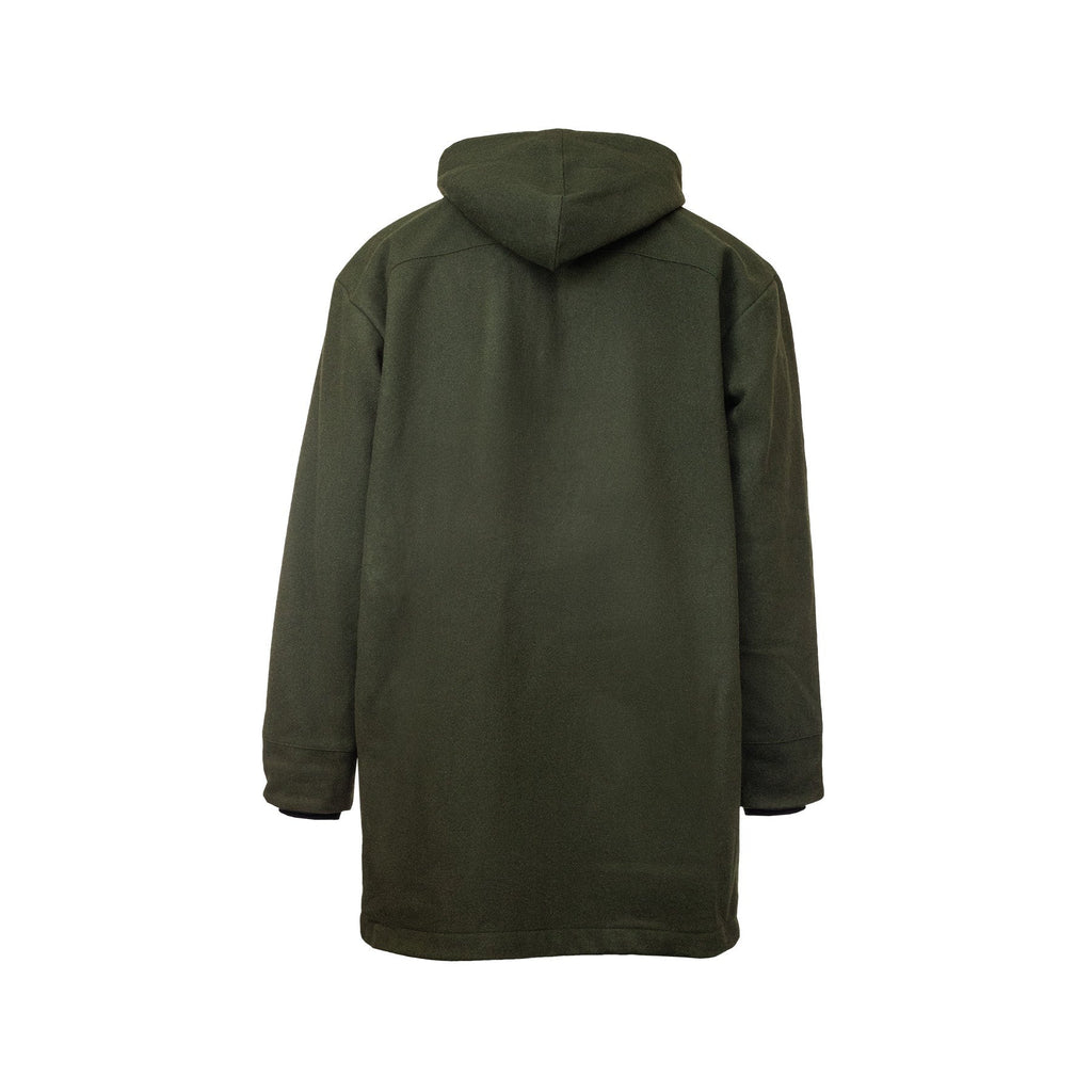 Back view of men's hooded long line jacket in premium wool in military green.