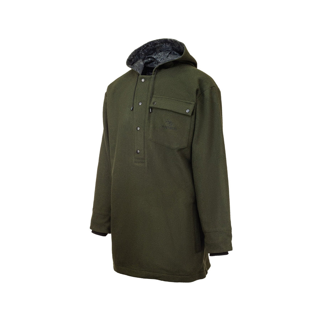 Front view of men’s hooded long line jacket in premium wool with dome neck closure, double cuffs, and domed chest pocket on the left hand side which features a tone on tone Huntech logo. Shown here in military green with a camo print lining, the hood is up showing the drawstring. on the front edge. This item ships from Australia.