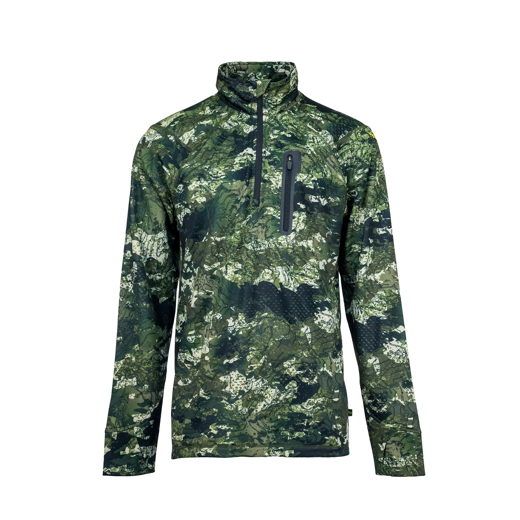 Front view of men’s sweatshirt in microform fabric with a quarter YKK zip neck entry, spandex gusset underarm, and thumb hole cuffs. It also has a zippered dye cut welded pocket on the left breast and a Huntech logo in bright yellow on the shoulder. Ships from Australia and is shown here in kakariki camo pattern.