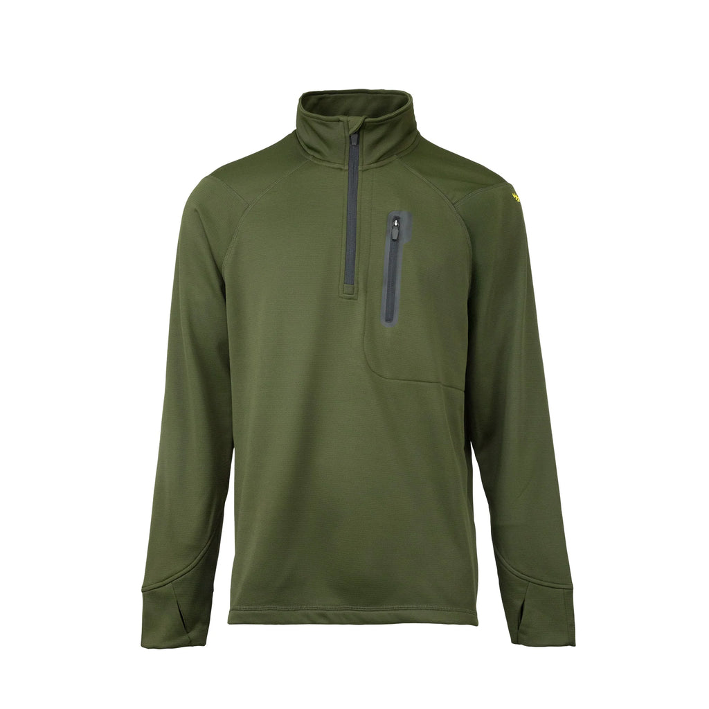 Front view of men’s sweatshirt in microform fabric with a quarter YKK zip neck entry, spandex gusset underarm, and thumb hole cuffs. It also has a zippered dye cut welded pocket on the left breast and a Huntech logo in bright yellow on the shoulder. Ships from Australia and is shown here in military green.