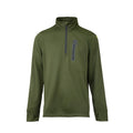 Front view of men’s sweatshirt in microform fabric with a quarter YKK zip neck entry, spandex gusset underarm, and thumb hole cuffs. It also has a zippered dye cut welded pocket on the left breast and a Huntech logo in bright yellow on the shoulder. Ships from Australia and is shown here in military green.