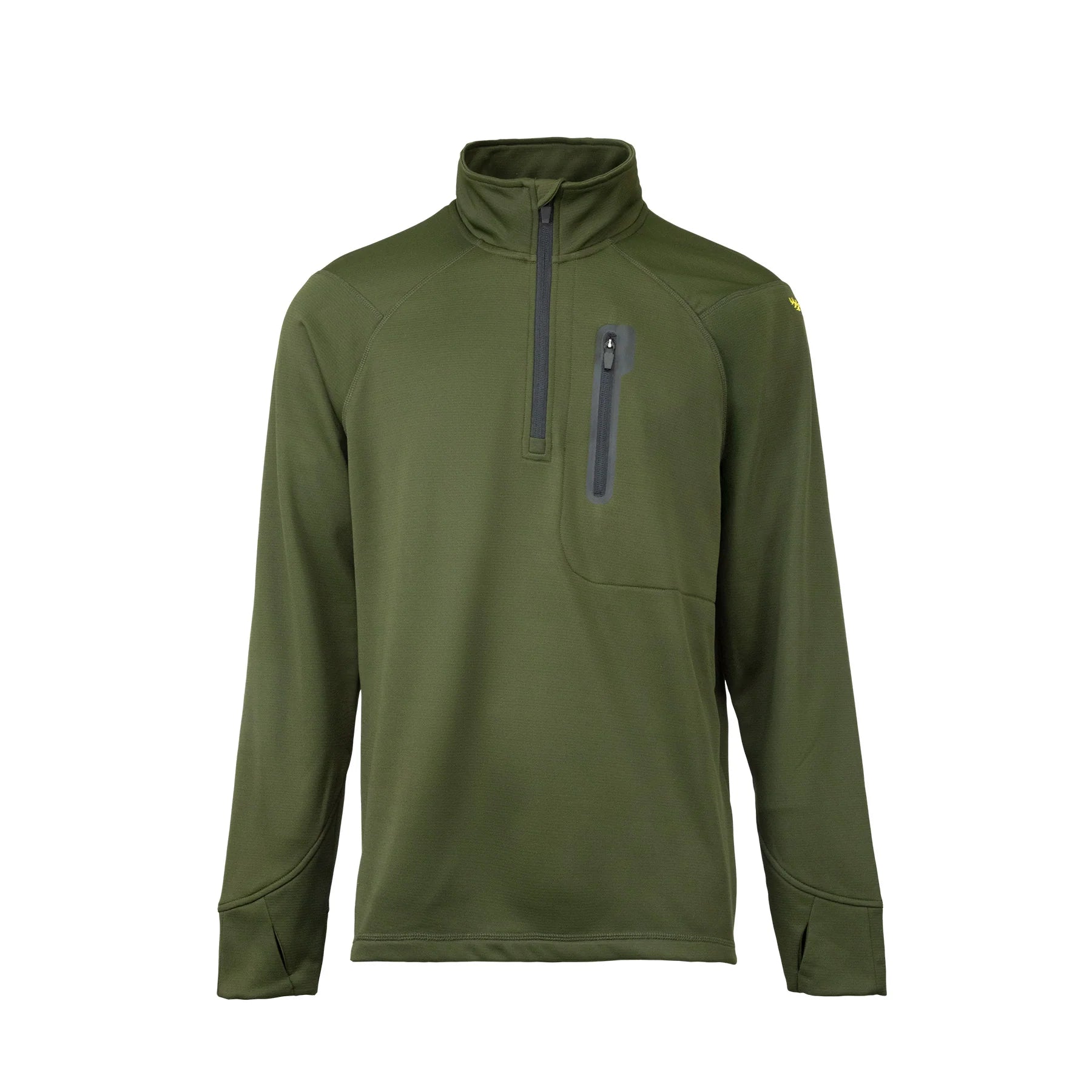 Front view of men’s sweatshirt in microform fabric with a quarter YKK zip neck entry, spandex gusset underarm, and thumb hole cuffs. It also has a zippered dye cut welded pocket on the left breast and a Huntech logo in bright yellow on the shoulder. Ships from Australia and is shown here in military green.