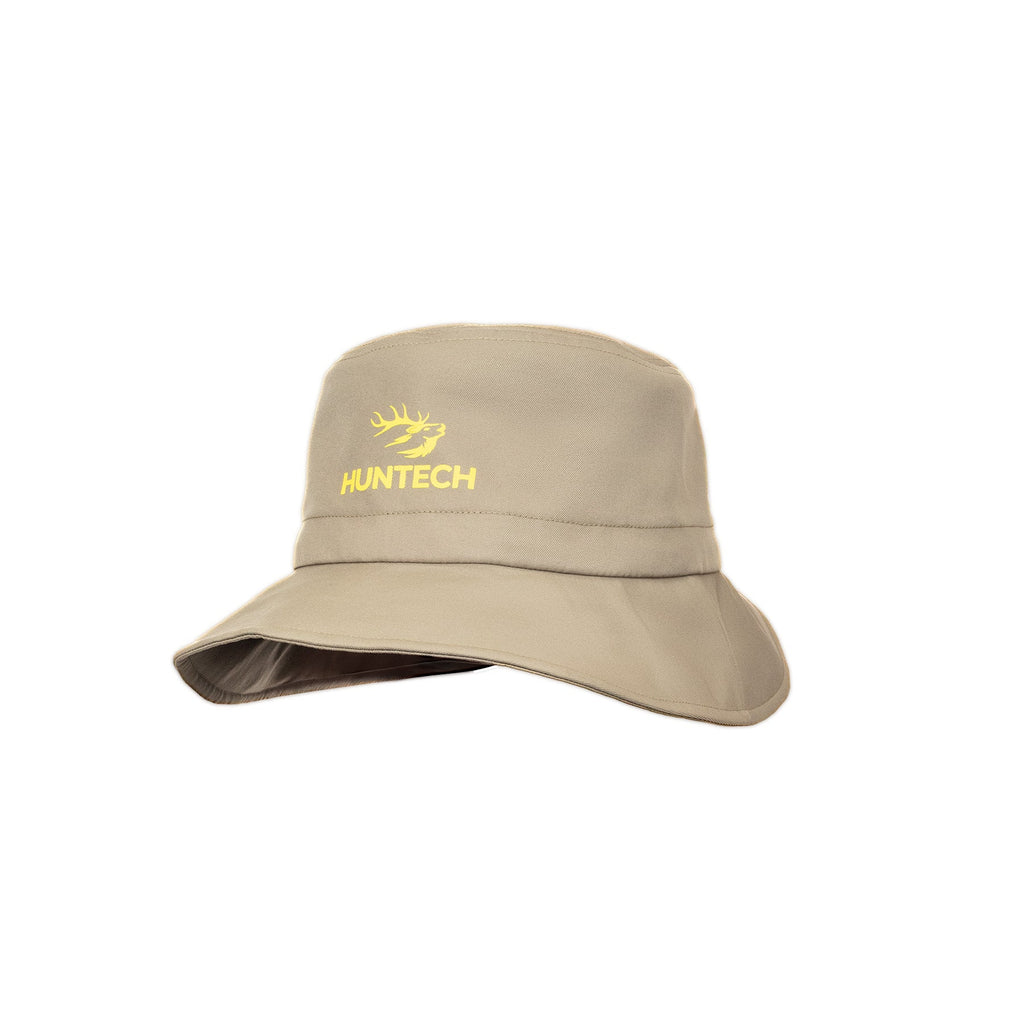 Three quarter front view of bucket-style hat with medium width brim and Huntech logo in bright yellow on the centre front of the crown. Shown here in sandy beige this product ships from Australia.
