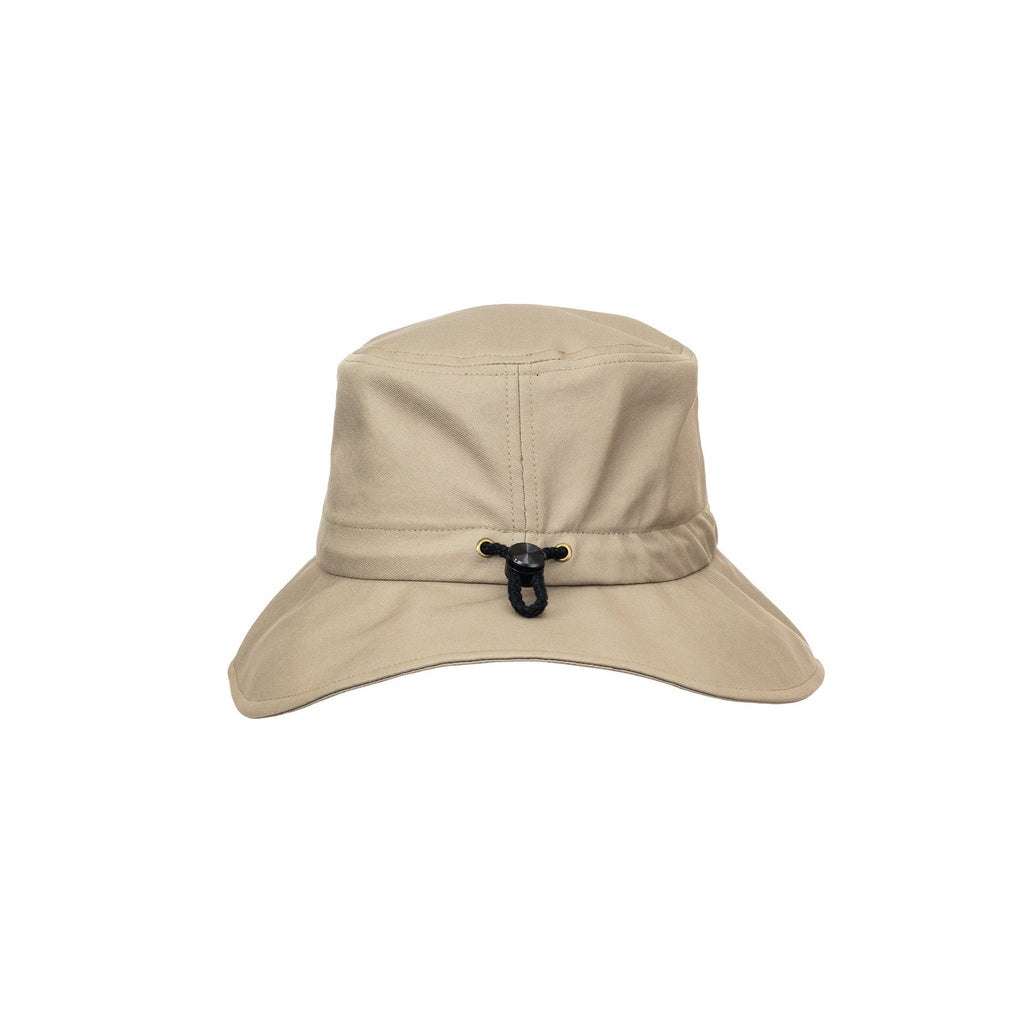 Back view of bucket-style hat with medium width brim and toggle for adjusting size. Shown here in sandy beige this product ships from Australia.