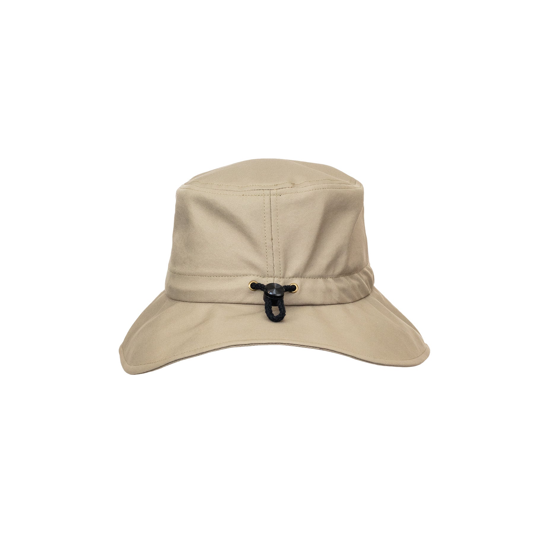 Back view of bucket-style hat with medium width brim and toggle for adjusting size. Shown here in sandy beige this product ships from Australia.