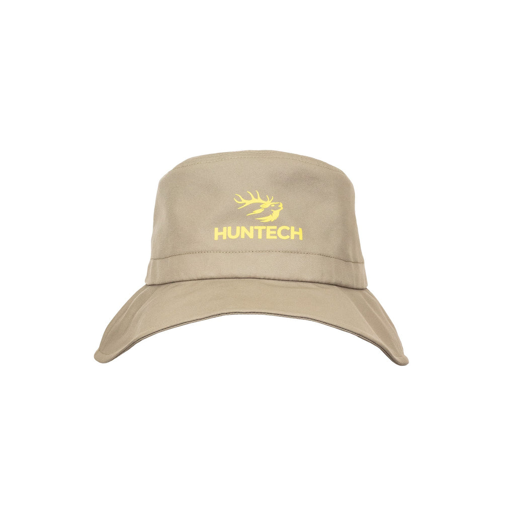 Front view of bucket-style hat with medium width brim and Huntech logo in bright yellow on the centre front of the crown. Shown here in sandy beige this product ships from Australia.
