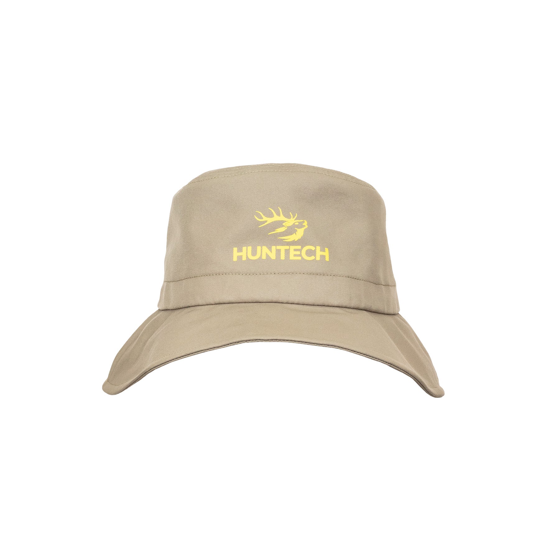 Front view of bucket-style hat with medium width brim and Huntech logo in bright yellow on the centre front of the crown. Shown here in sandy beige this product ships from Australia.