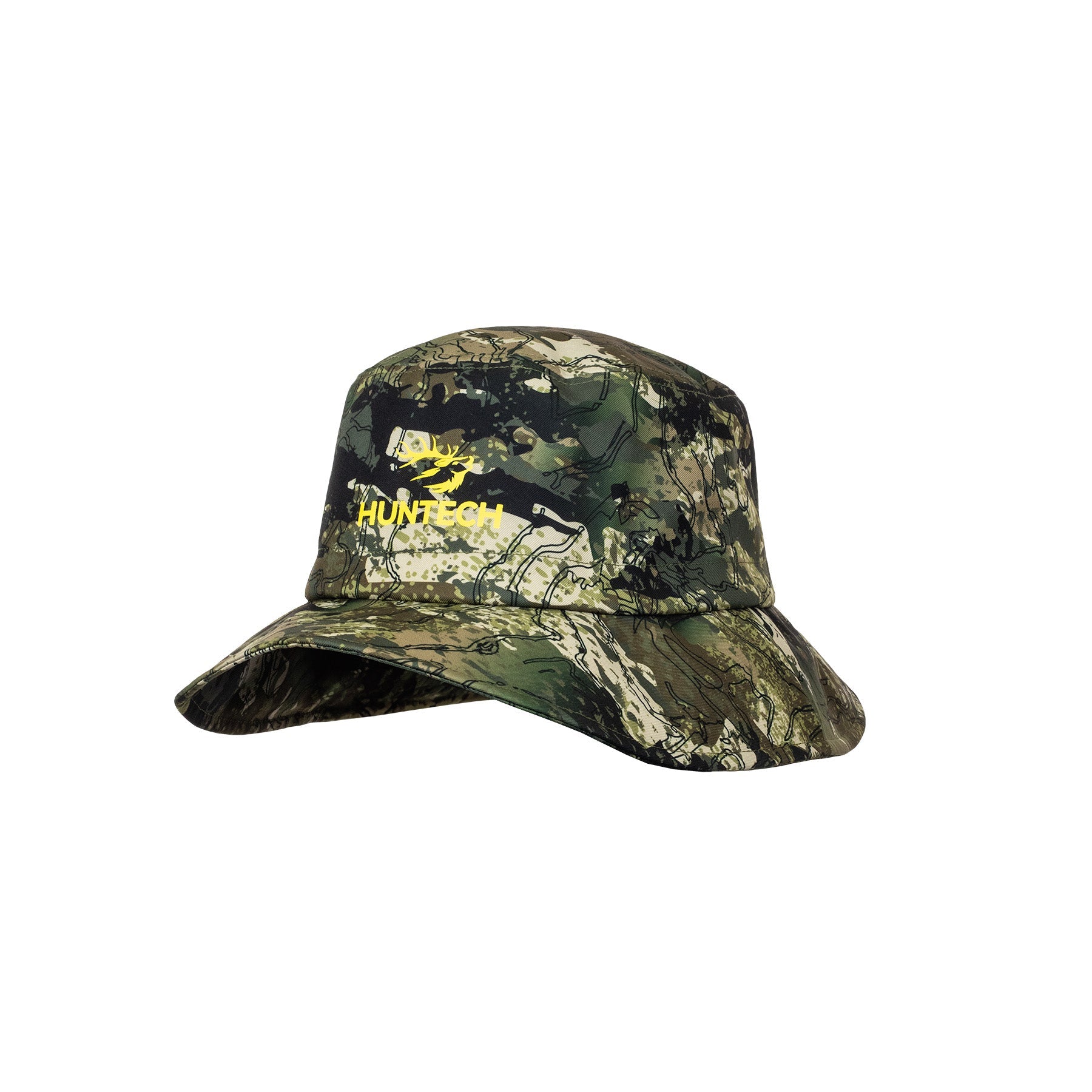 Three quarter front view of bucket-style hat with medium width brim and Huntech logo in bright yellow on the centre front of the crown. Shown here in kakariki camo pattern, this product ships from Australia.