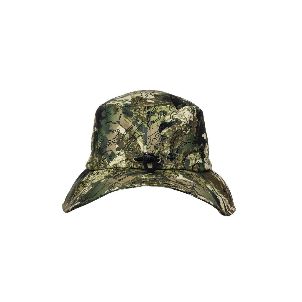 Back view of bucket-style hat with medium width brim and toggle for adjusting size. Shown here in kakariki camo pattern, this product ships from Australia.