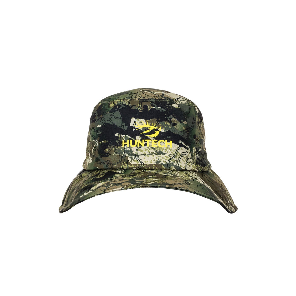 Front view of bucket-style hat with medium width brim and Huntech logo in bright yellow on the centre front of the crown. Shown here in kakariki camo pattern, this product ships from Australia.