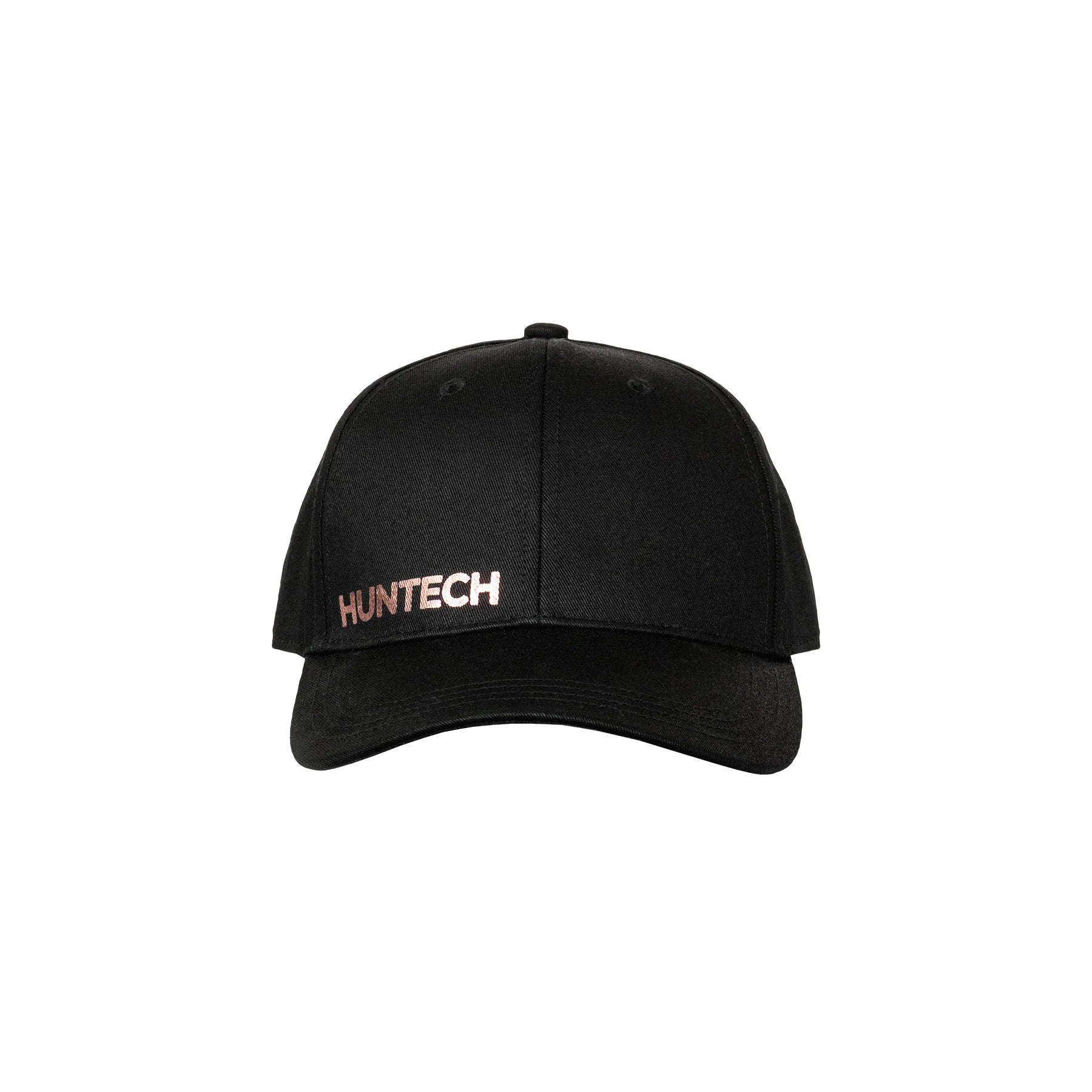 A black cap with the 'HUNTECH' logo printed in rose gold on the front right of the crown.