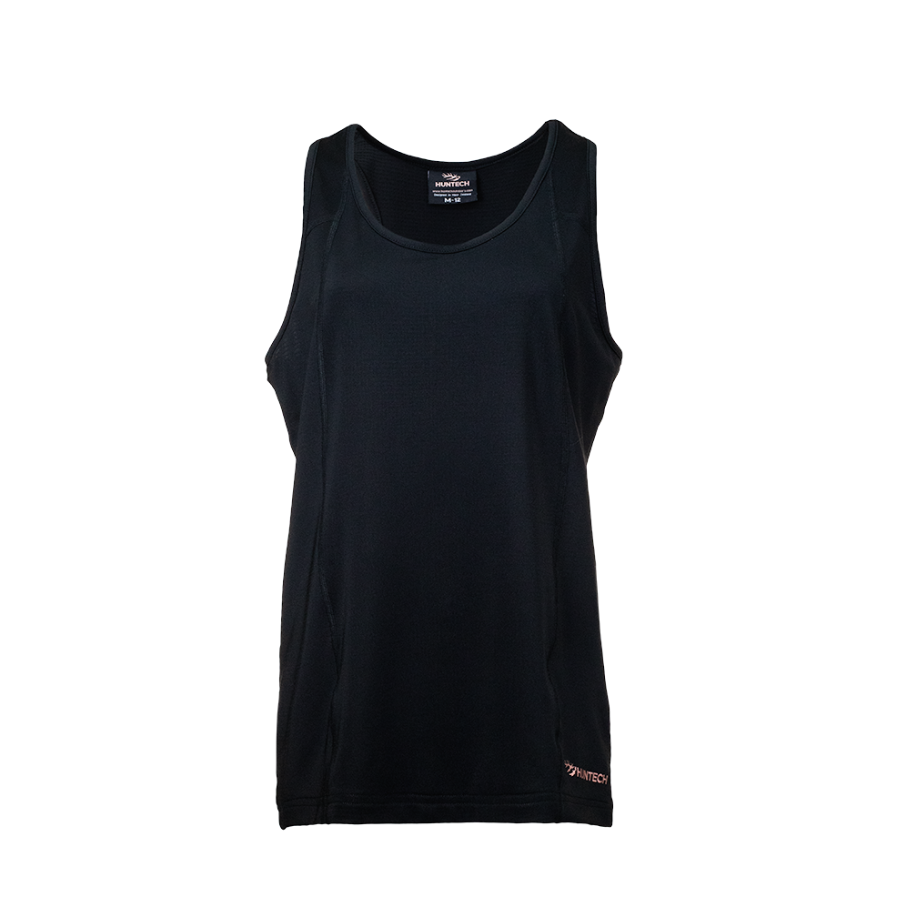 Front image of women’s lightweight, moisture-wicking singlet made from recycled plastic waste with scent control. Constructed using a cover stitch and featuring the Huntech logo at front, bottom left hem in yellow. Ships from Australia. Shown in black with Huntech logo in rose gold on the bottom left hem.