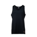Front image of women’s lightweight, moisture-wicking singlet made from recycled plastic waste with scent control. Constructed using a cover stitch and featuring the Huntech logo at front, bottom left hem in yellow. Ships from Australia. Shown in black with Huntech logo in rose gold on the bottom left hem.