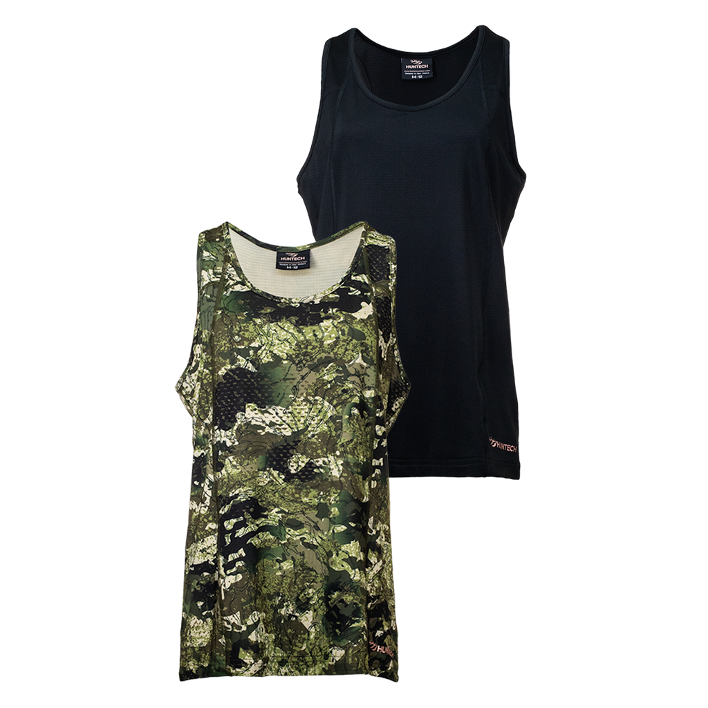Front image of two women’s lightweight, moisture-wicking singlet made from recycled plastic waste with scent control. Constructed using a cover stitch and featuring the Huntech logo at front, bottom left hem in yellow. Ships from Australia. Shown in kakariki camo and black with Huntech logo in rose gold on the bottom left hem.