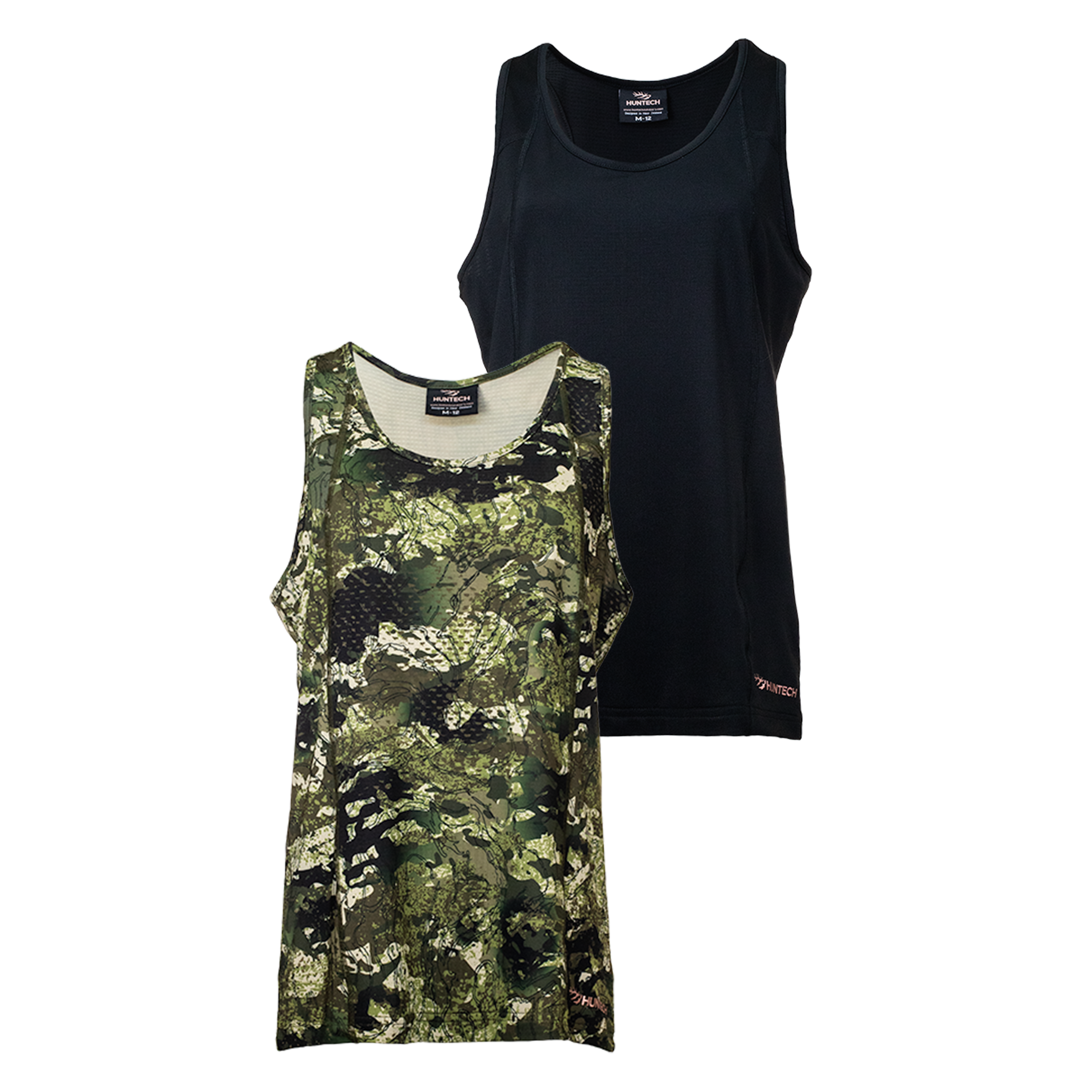 Front image of two women’s lightweight, moisture-wicking singlet made from recycled plastic waste with scent control. Constructed using a cover stitch and featuring the Huntech logo at front, bottom left hem in yellow. Ships from Australia. Shown in kakariki camo and black with Huntech logo in rose gold on the bottom left hem.