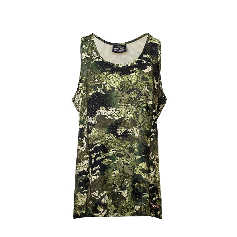 Front image of men’s lightweight, moisture-wicking singlet made from recycled plastic waste with scent control. Constructed using a cover stitch and featuring the Huntech logo at front, bottom left hem in yellow. Ships from Australia. Shown in kakariki camo