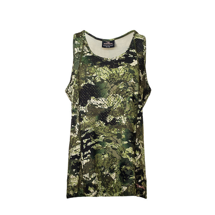 Front image of men’s lightweight, moisture-wicking singlet made from recycled plastic waste with scent control. Constructed using a cover stitch and featuring the Huntech logo at front, bottom left hem in yellow. Ships from Australia. Shown in kakariki camo