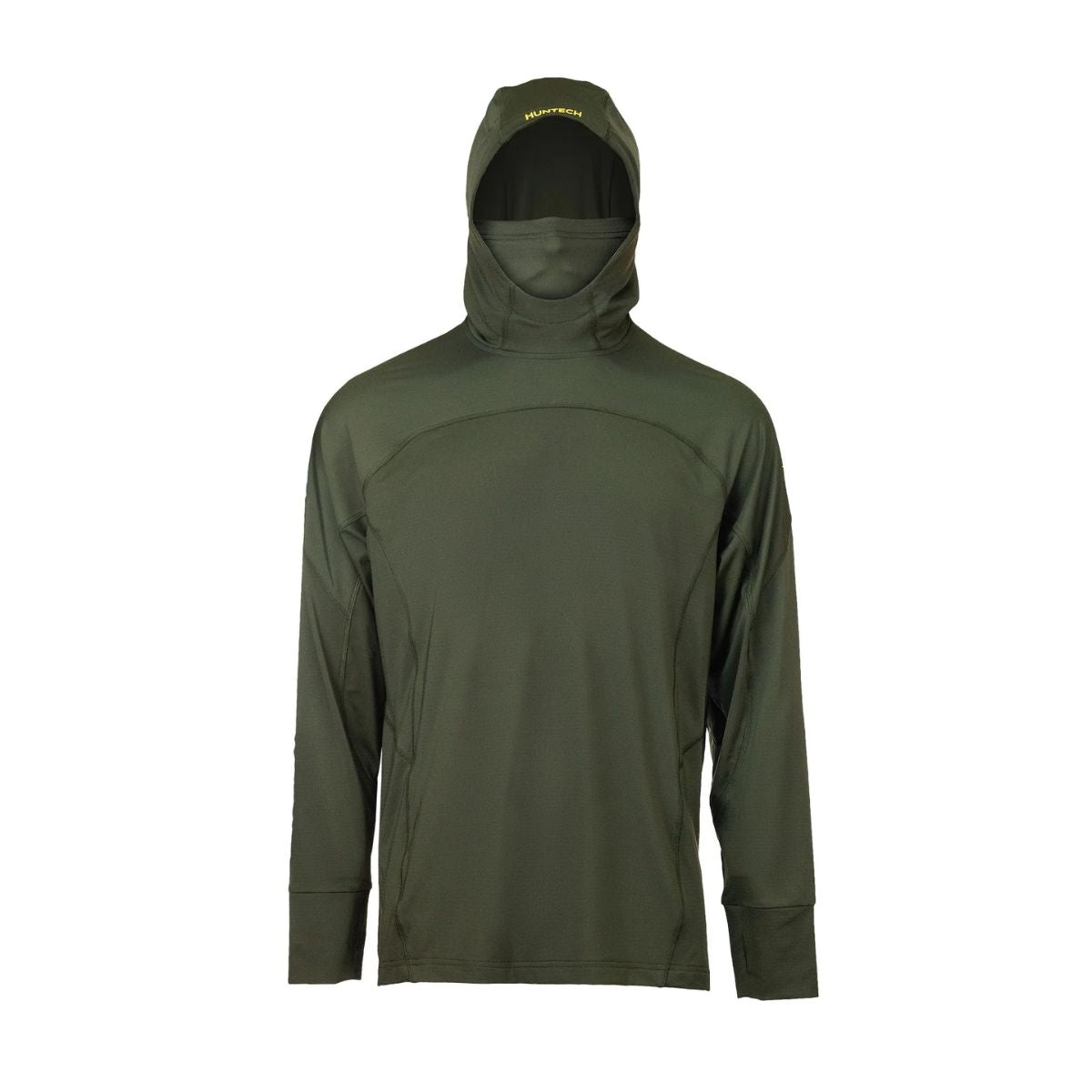 Men’s lightweight, moisture-wicking hunting top from recycled plastic waste with scent control. Comes with build-in neck gaiter and fully lined panelled hood. UPF 50+ rating with thumbhole sleeves and cover-stitched seams. Ships from Australia. Shown left to right in military green.