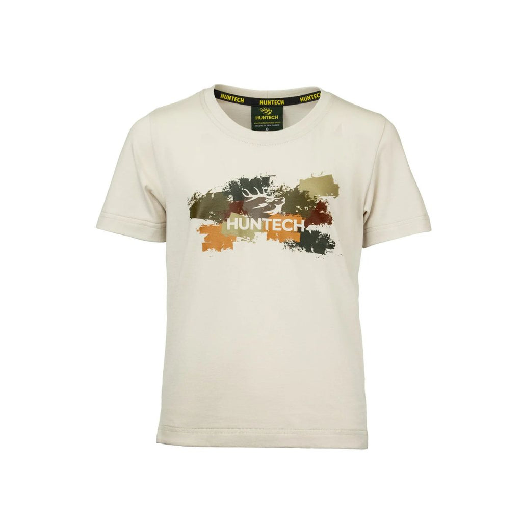 A cream Kid's Paint Camo Tee with a unique screen-printed camouflage design with Huntech logo including stags head. Ships from Australia.