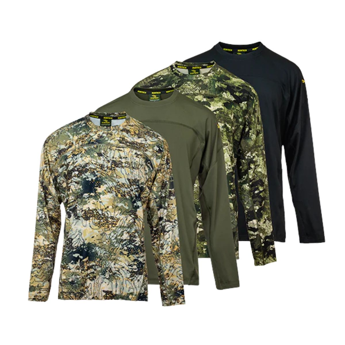 Four men’s lightweight, moisture-wicking long sleeved top from recycled plastic waste with scent control. Suitable as a base layer, or long-sleeved tee, it comes with regulation mesh panels and cover-stitched seams. Ships from Australia. Shown left to right in high-country camo, military green, karariki camo and black.