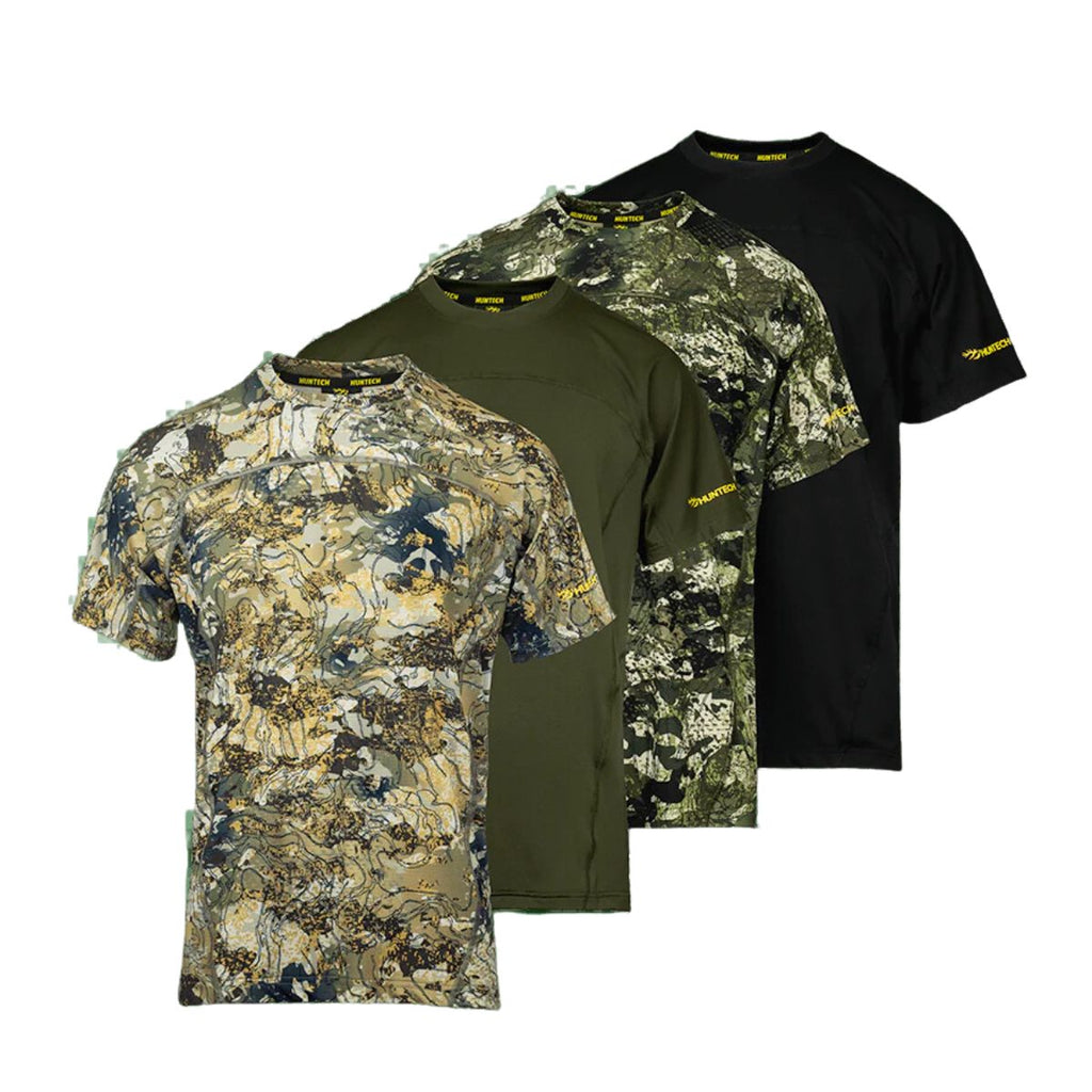Four men’s lightweight, moisture-wicking tees made from recycled plastic waste with scent control and regulation panels. Constructed using a cover stitch and featuring the Huntech logo at hem on left sleeve. Shown from front and left to right in high-country camo, military green, karariki, and black. Ships from Australia. 