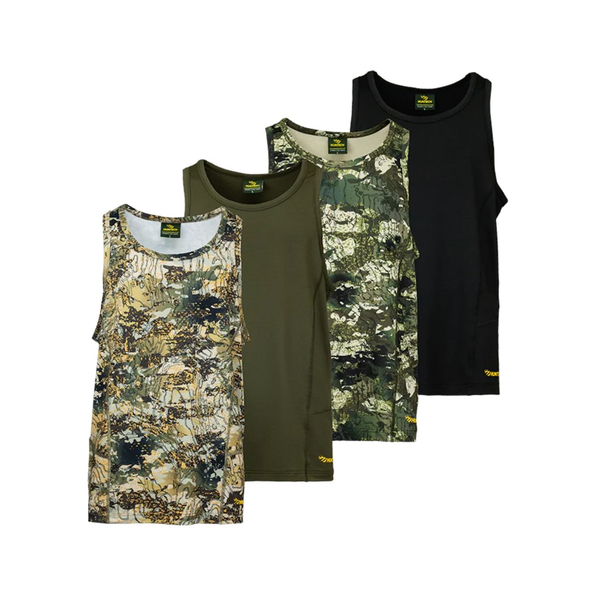 Image of four men’s lightweight, moisture-wicking singlets made from recycled plastic waste with scent control. Constructed using a cover stitch and featuring the Huntech logo at front, bottom left hem. Ships from Australia. Front view shown from left to right in high-country camo, military green, karariki and black.