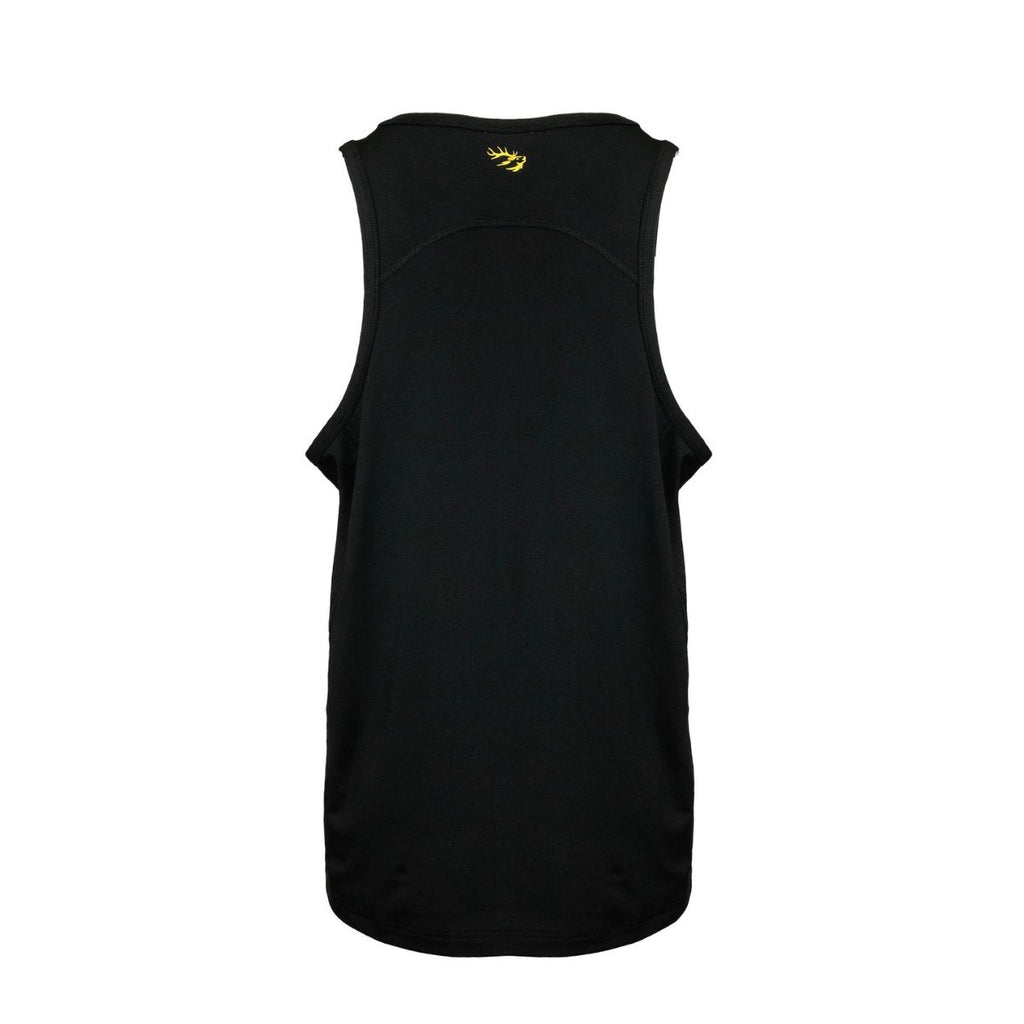 Back image of men’s lightweight, moisture-wicking singlet made from recycled plastic waste with scent control. Constructed using a cover stitch and featuring the Huntech stags head logo at neckline in yellow. Ships from Australia. Shown in black.