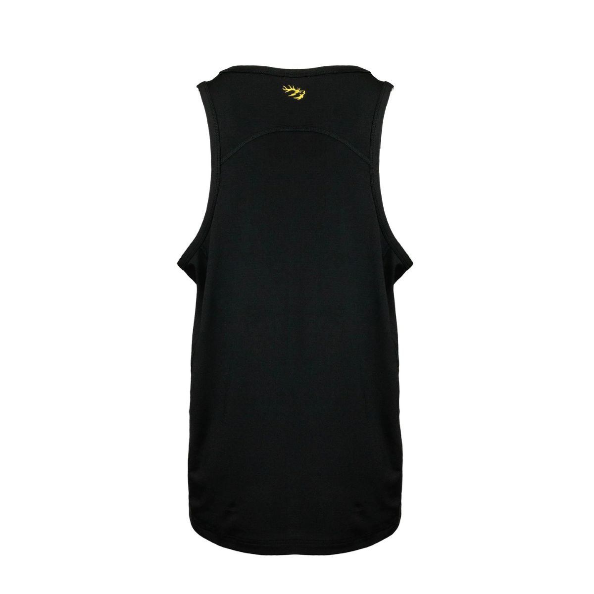 Back image of men’s lightweight, moisture-wicking singlet made from recycled plastic waste with scent control. Constructed using a cover stitch and featuring the Huntech stags head logo at neckline in yellow. Ships from Australia. Shown in black.