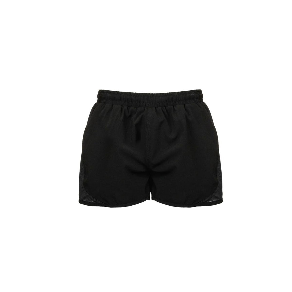 Back view of black Huntech women's active shorts. Featuring internal shorts with a secure phone pocket, breathable side mesh panels, an elastic waistband, and an internal drawcord. Ship from Australia.