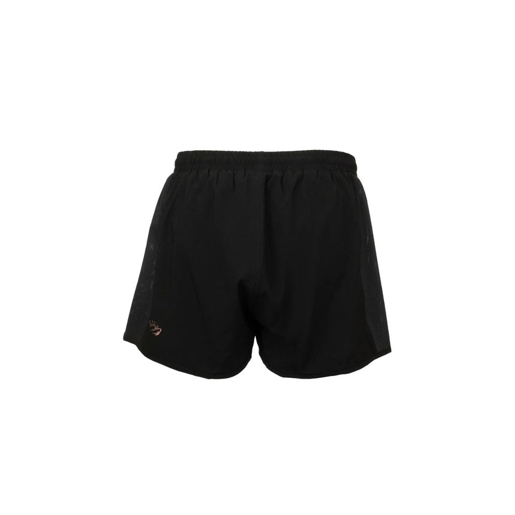 Front view of black Huntech women's active shorts, with logo at bottom, outside edge of left leg. Featuring internal shorts with a secure phone pocket, breathable side mesh panels, an elastic waistband, and an internal drawcord. Ship from Australia.
