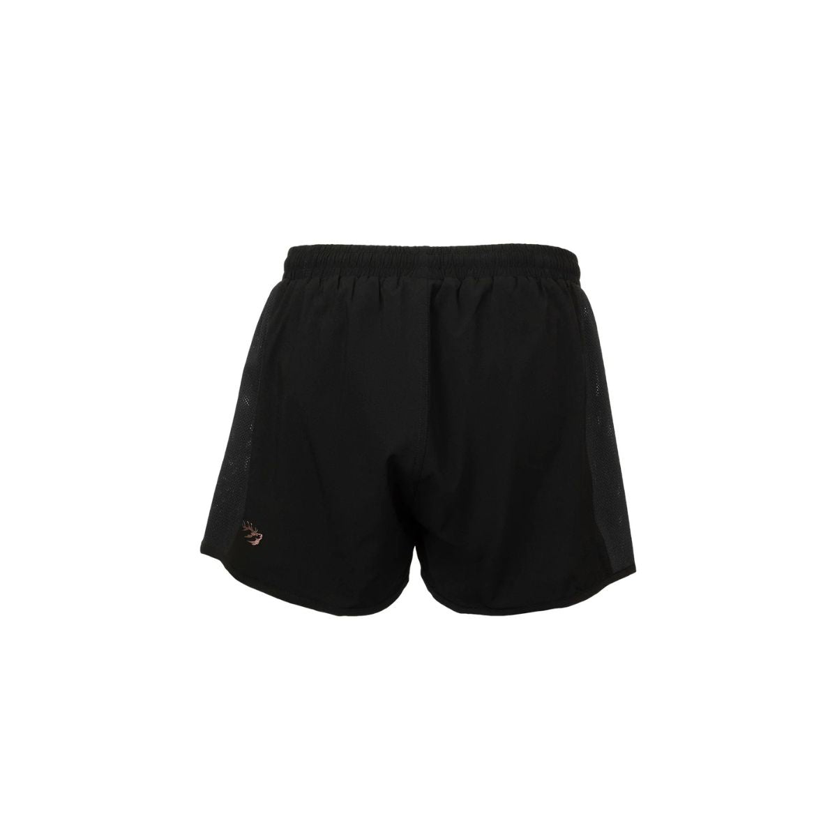 Front view of black Huntech women's active shorts, with logo at bottom, outside edge of left leg. Featuring internal shorts with a secure phone pocket, breathable side mesh panels, an elastic waistband, and an internal drawcord. Ship from Australia.