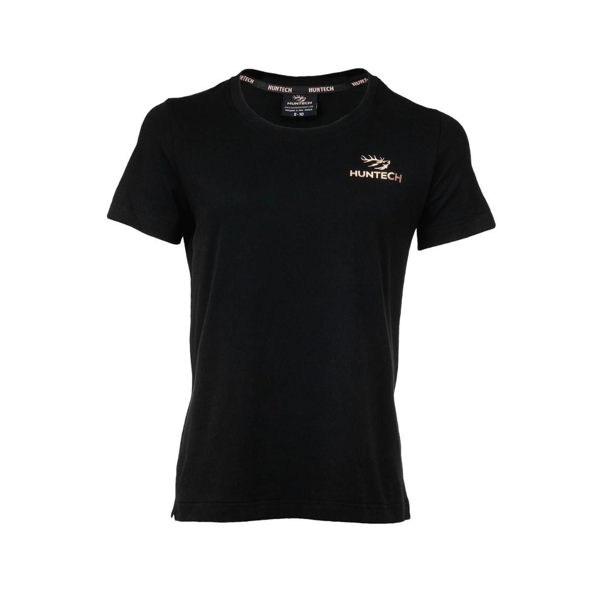 Front view of women's 100T organic cotton crew heck short sleeved tee in black with Huntech logo on left breast in foil.  This items ships from Australia.