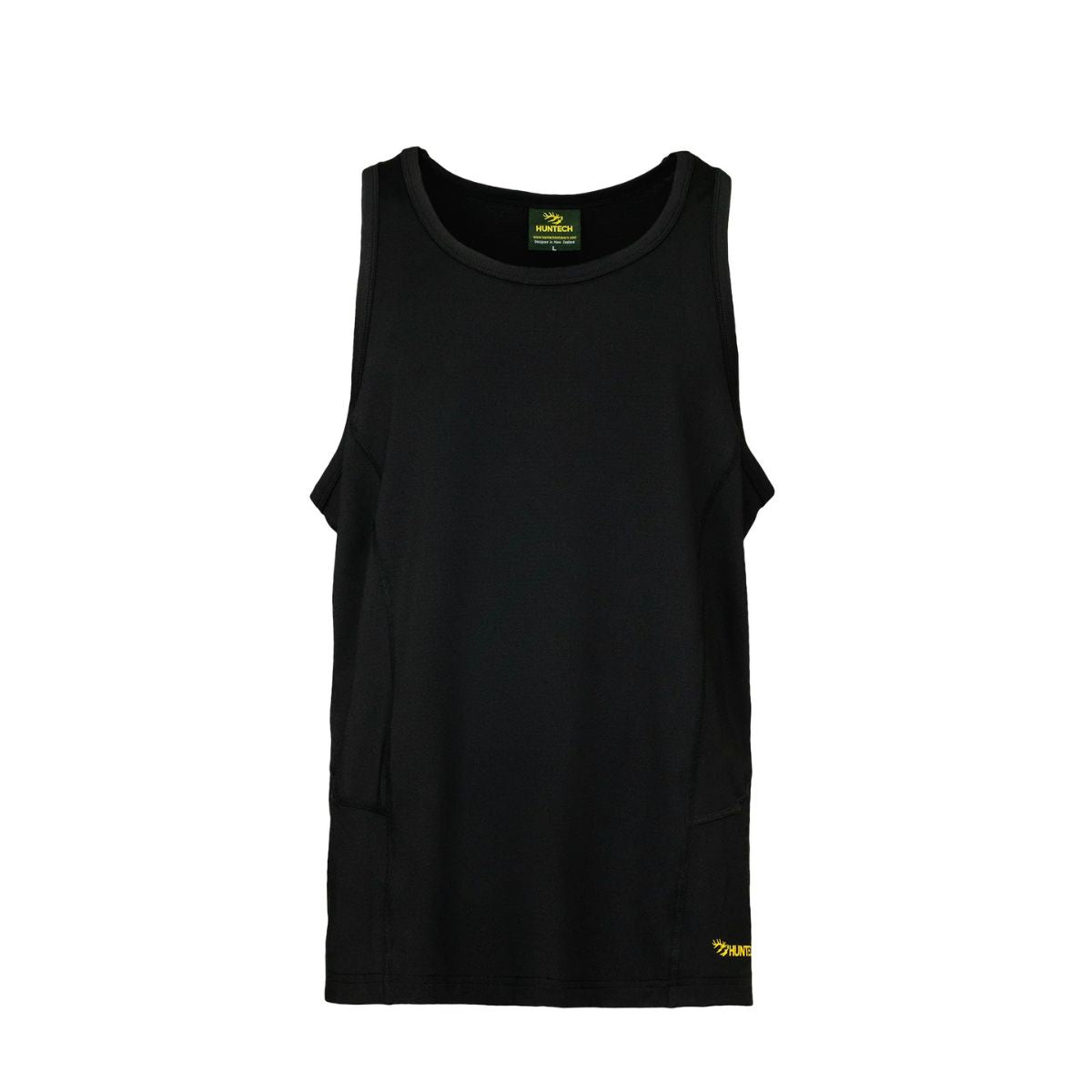 Front image of men’s lightweight, moisture-wicking singlet made from recycled plastic waste with scent control. Constructed using a cover stitch and featuring the Huntech logo at front, bottom left hem in yellow. Ships from Australia. Shown in black.