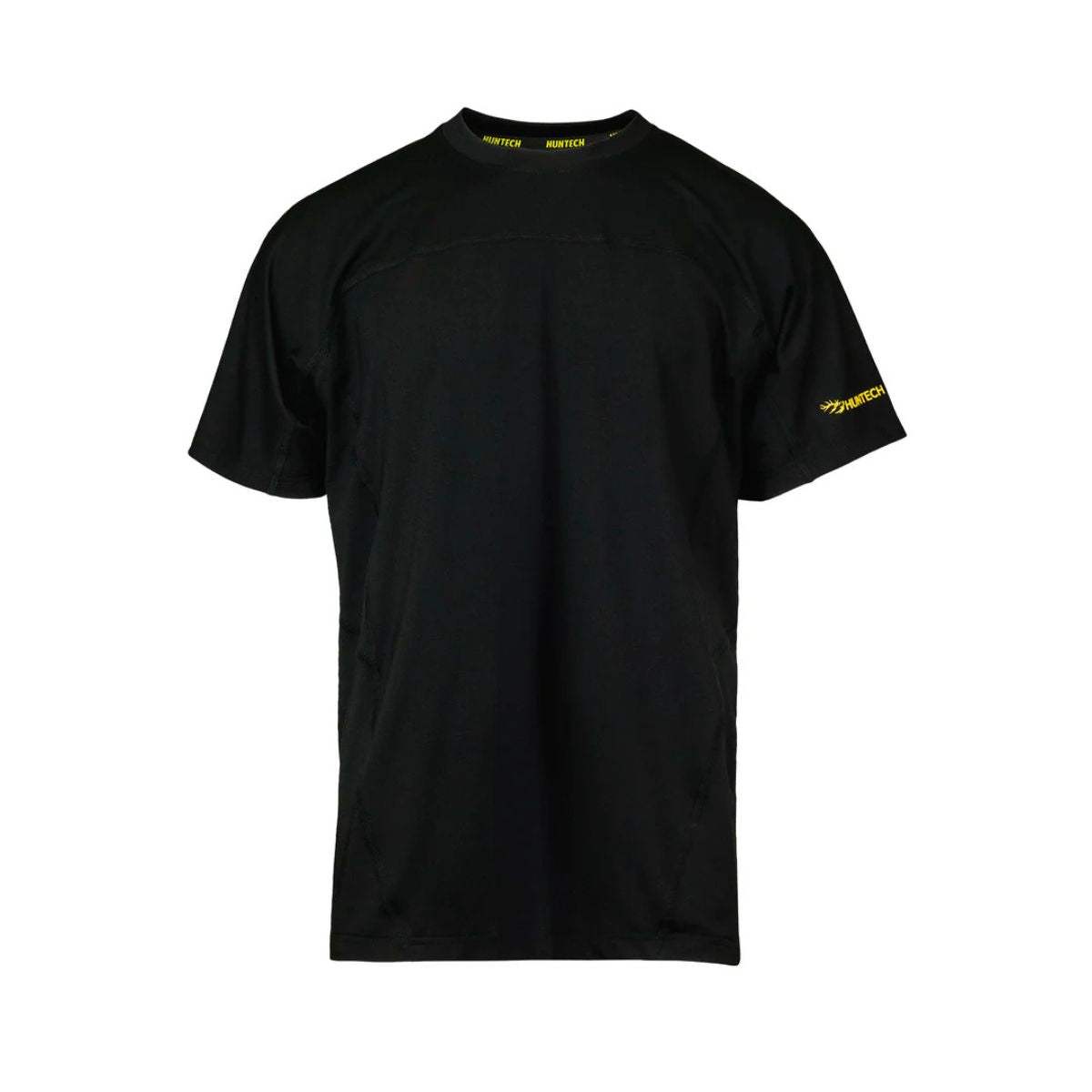 Front image of men’s lightweight, moisture-wicking tee made from recycled plastic waste with scent control and regulation panels. Constructed using a cover stitch and featuring the Huntech logo at hem on left sleeve. Ships from Australia. Shown in black.