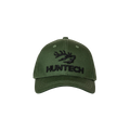 A six panel cap in military green with a 3D raised Huntech logo embroidered in black on the front