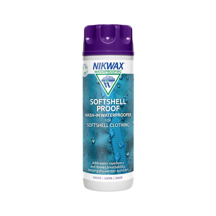 300ml bottle of Nikwax Softshell Proof. Bottle is white with a purple lid. Label features close up of an aqua jacket with water pooling on the surface.