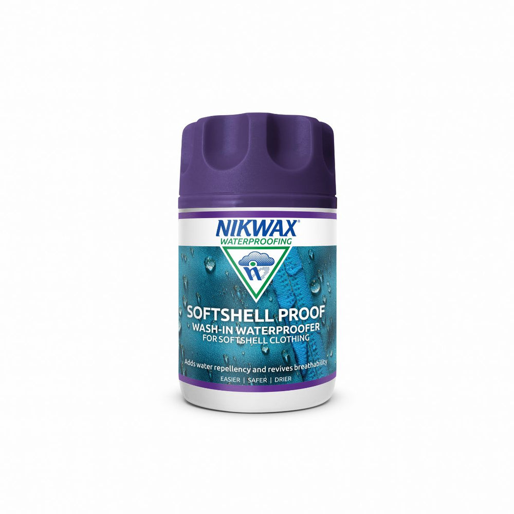 100ml bottle of Nikwax Softshell Proof. Bottle is white with a purple lid. Label features close up of an aqua jacket with water pooling on the surface.