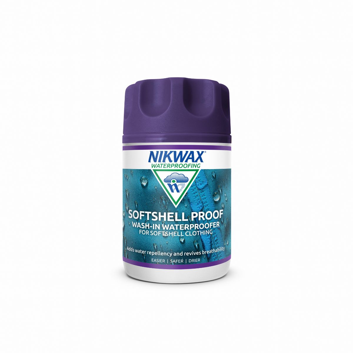 100ml bottle of Nikwax Softshell Proof. Bottle is white with a purple lid. Label features close up of an aqua jacket with water pooling on the surface.
