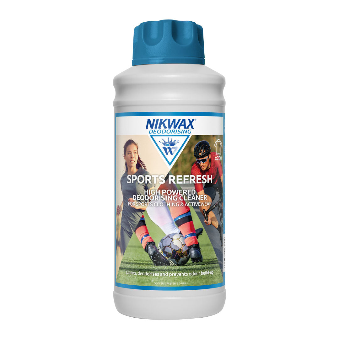 1 litre bottle of Nikwax Sports Refresh. Bottle is white with a teal lid. Label features montage of people playing various sports.