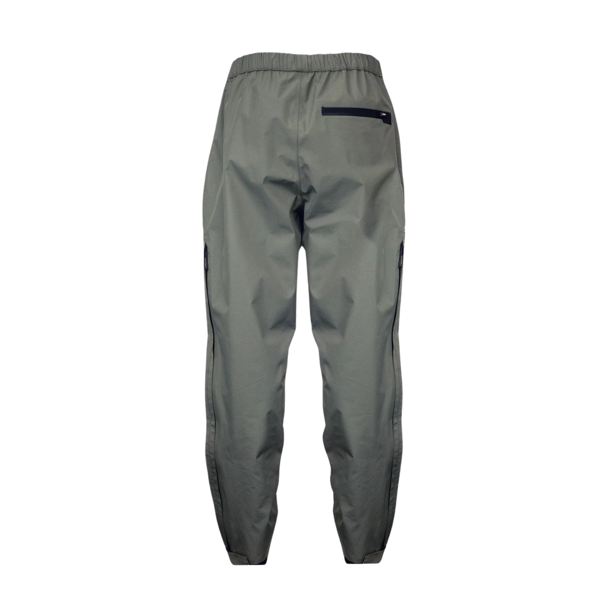 Back view of women’s waterproof pants with back zippered pocket on the right, an elastic waistband and adjustable hems. They ship from Australia and are shown here in a dark olive green/grey.