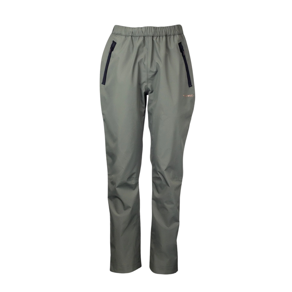Front view of women’s waterproof pants with side zips on each leg for ventilation, an elastic waistband with a drawcord, and adjustable hems. They also feature secure zip-up pockets and ship from Australia. Shown here in a dark olive green/grey with the Huntech logo in rose gold on the left hand leg at thigh-height