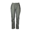 Front view of women’s waterproof pants with side zips on each leg for ventilation, an elastic waistband with a drawcord, and adjustable hems. They also feature secure zip-up pockets and ship from Australia. Shown here in a dark olive green/grey with the Huntech logo in rose gold on the left hand leg at thigh-height