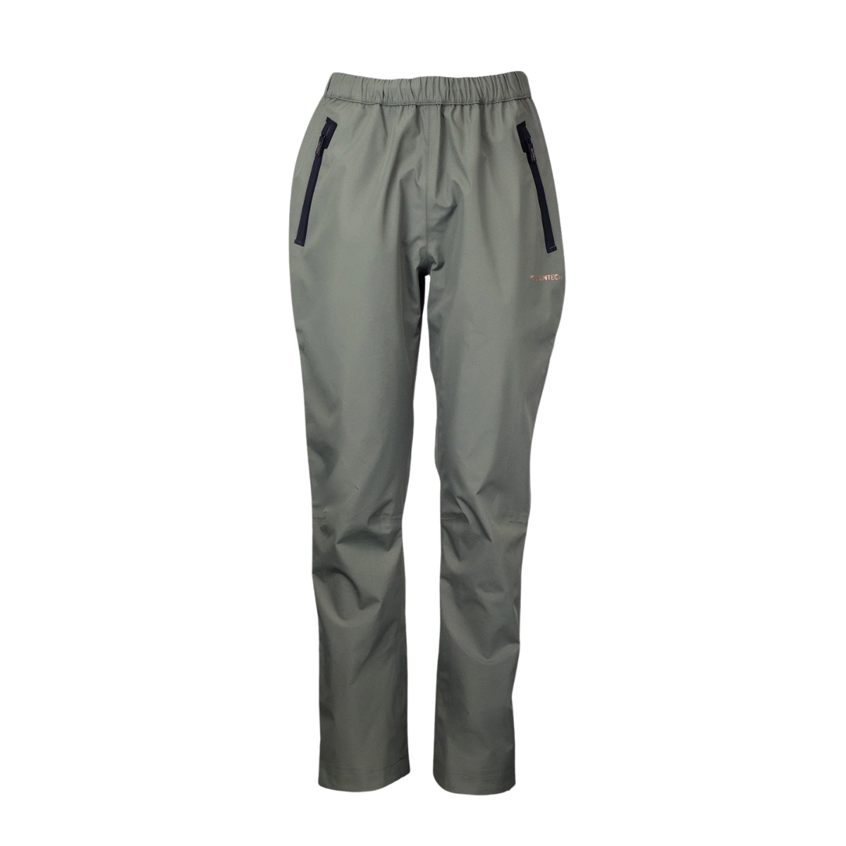 Front view of women’s waterproof pants with side zips on each leg for ventilation, an elastic waistband with a drawcord, and adjustable hems. They also feature secure zip-up pockets and ship from Australia. Shown here in a dark olive green/grey with the Huntech logo in rose gold on the left hand leg at thigh-height