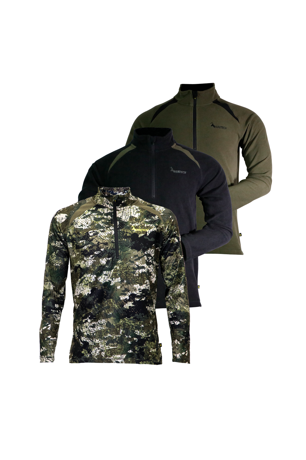 Front view of three men’s long-sleeved tops in 180gsm performance fleece, with flat locked seams for reinforcing. High collar has ¼ zip neck entry. Features Huntech logo on the left breast. Ships from Australia and is shown left to right in kakariki camo design, black and military green.