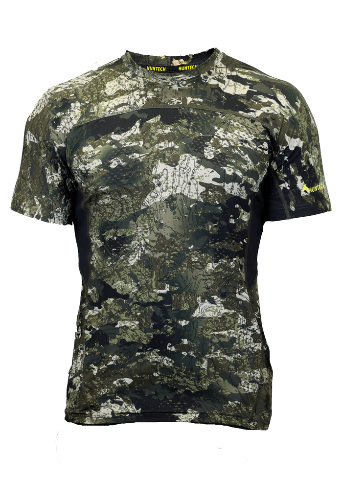 Front image of men’s lightweight, moisture-wicking tee made from recycled plastic waste with scent control and regulation panels. Constructed using a cover stitch and featuring the Huntech logo at hem on left sleeve. Ships from Australia. Shown in kakariki camo pattern.