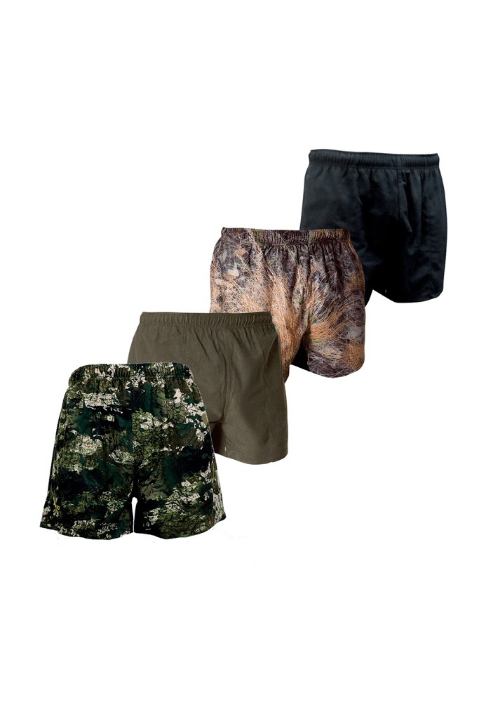 Front view of four pair of men’s short shorts in microlite fabric, deep side pockets, and an inner gusset for freedom of movement. They also come with an internal draw cord and elastic waist. Ship from Australia and shown left to right in kakariki camo, military green, high-country camo, and black.