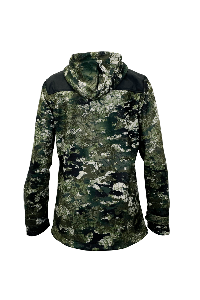Back image of the women's bush basics coat with the hood over the back. Shown here in kakariki camo pattern, this product ships from Australia.